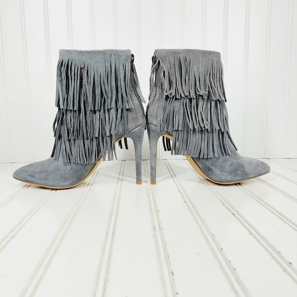 Steve Madden Flapper Gray Fringe Suede High Heeled Ankle Boots A999 - Picture 7 of 11